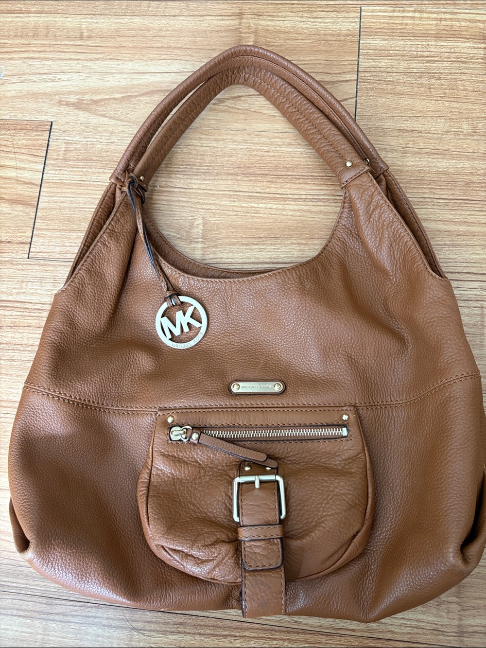 Michael Kors Brown Pebbled Leather Shoulder Hobo with MK Charm